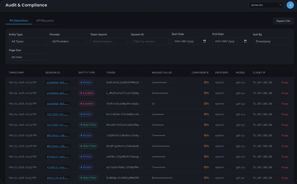 Audit and compliance log: PII detections with timestamp, session, entity type, token, masked value, confidence, provider and model